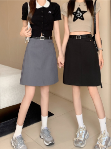 Retro Gray Mid-Length Suit Skirt for Women Plus Size High Waist Slimming A- line Skirt Cover Cross-Body Office Lady Sheath Skirt Summer
