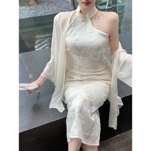 New Chinese Style National Trend Set 2025 New Style Floral Embroidery Improved Cheongsam Hanging Neck Dress Women Summer