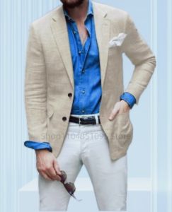 Casual Beige Linen Men Blazer Slim Fit Classic Summer Beach Prom Wedding Suit Jacket for Men Formal Business Thin Coat 1 Piece
