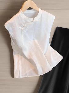 Áo Sơ Mi Không Tay Màu Trắng Ngắn Thanh Lịch Cho Nữ Mùa Hè Phong Cách Trung Hoa Nhẹ Cao Cấp Áo Sơ Mi Nhỏ Cho Bé Gái
