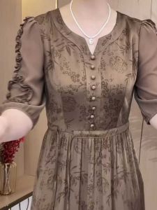 Elegant High-Waisted A-Line Dress for Women Summer 2024 Polyester Fabric Belted Waist Concealing Meat Covering Gown