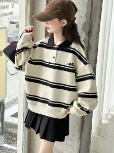 MPW | Girls Sweatshirt Korean Style Embroidered Striped Polo Shirt Autumn Fashionable Childrens Clothing Mid-to-Big Kids Wear