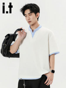 izzue | Layered Style College Short Sleeve Tee Shirt Henry Neck For Summer