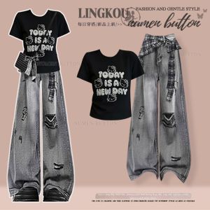 NUMEN BUTTON | Bộ Áo Thun Chữ Mỹ Phong Cách Đường Phố và Quần Jeans Ống Rộng Đục Lỗ