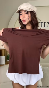 KILY Womens Top U-Neck Short Sleeve T-Shirt Regular Shoulder Inner Top Baisc Solid Color Base Layer