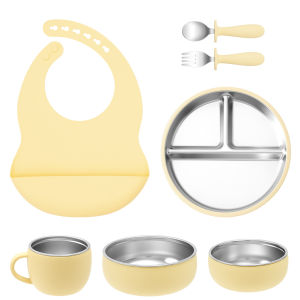 Color Kids 7PCS Stainless Steel & Silicone Feeding Set Sucker Dishes Plate Bowl BPA Free Toddler Bib Fork Spoon Cup Baby Stuff