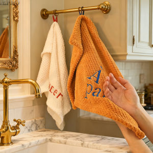 Minimalist Embroidered Hand Towel French Square Cotton Towel Quick Drying Soft & Absorbent for Bathroom Kitchen Decor