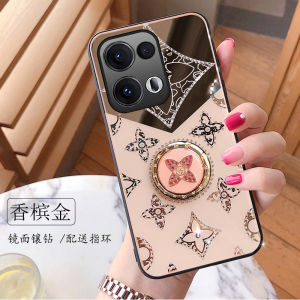 Luxurious Diamond Embedded Oppo Reno13 pro Phone Case Full Cover Curved Screen Protection with Stand Mirror Lens Design
