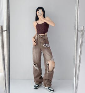 American Style Hot Girl Belly Button Hole Jeans Womens Summer New Loose Straight Leg Floor-Length Pants High Waist Denim