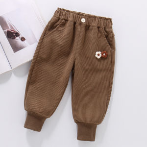 Girls Corduroy Pants Spring Autumn Unlined Casual Style Childrens Autumn Wear Plain Pattern Elastic Waist Long Trousers