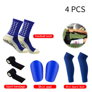 4PCS Set Non-Slip Grip Socks Soccer Socks Breathable Shin Guards Socks Football Mini Shin Pads Cohesive Athletic Bandages