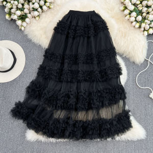 High Waist Slim Looking Tulle Skirt Elastic Waist Mid Length Long Length over the Knee Asymmetrical Multi-Layer Wooden Ear Super Fairy Tiered Skirt