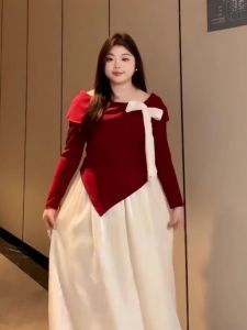 Bộ Đồ Hai Mảnh Vai Hở Tay Dài Thắt Nút Bướm Cho Nữ Cỡ Lớn Mùa Thu Bộ Váy Midi Cổ Chữ V Dài Tay Thời Trang Cho Nữ