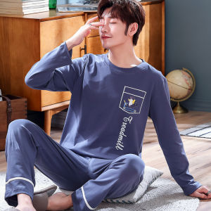 Mens Pure Cotton Long Sleeve Sleepwear Autumn Winter Casual Cartoon Home Clothes Set Large Size Comfortable Breathable