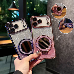 Plating Four Corner Shockproof Gradient Glitter TPU Makeup Mirror Holder Phone Case For iPhone 17 Pro Max/17/17 Pro Bumper Cover