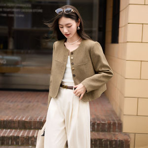 Cashmere Short Coat Womens Autumn New Style round Neck Wool Blend Caramel Color Commute Style Loose Fit Button Design Jacket