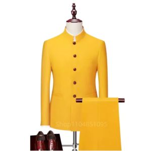 2 Pieces Men Chinese Style Slim Fit Stand Collar Wedding Groom Wear Party Tuxedos Suits Jacket Pants Sets High Quality Dress Set