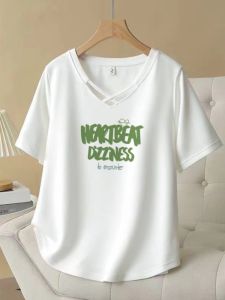 Loose Fit Short Sleeve V-Neck T-Shirt Womens plus Size Comfortable Breathable Cotton Summer Top Korean Style Printed Shirt