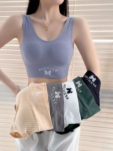 เสื้อชั้นในกีฬาผู้หญิงแบบไม่มีโครง ปักลาย ป้องกันการสั่นสะเทือน สายกว้าง ด้านข้างรัดรูป ทรง U ลึก โยคะ ดีไซน์หลังสวยงาม