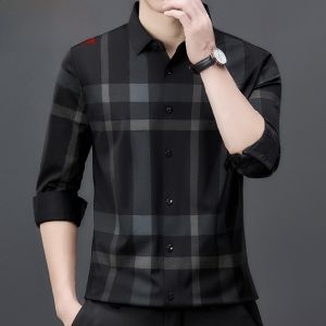 HENGYUANXIANG | Hengyuanxiang Mens Long Sleeve Shirt Slim Fit Casual Business Plaid Shirt Autumn Spring Fashionable Standard Fit Button Detail