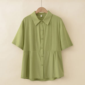 Casual Artistic Pleated Short Sleeve Shirt plus Size Summer Wear for Mom 200 Pounds Fashionable Drapey Polyester Blend