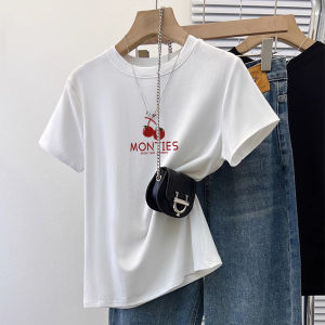 Retro Chic Pure Cotton Short Sleeve T-Shirt Womens Loose Fit Summer Versatile Top Trendy Print round Neck Casual Style