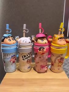 XW | X&W Crayon Shin-Chan Straw Insulated Cup Cartoon Water Cup with Doll Lid&Handle Portable Desktop Coffee Milk Mug for Office/Home