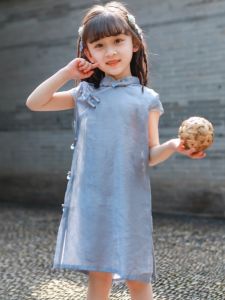 Princess Style Light Blue Silk Cheongsam Dress for Girls Cool Summer Thin Fabric Traditional Chinese Hanfu White Enhancing Skirt