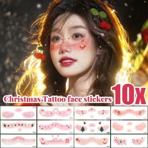 【Grilrigrin】10Sheets Face Christmas Tattoo Stickers Cartoon Snowman Christmas Patterns Waterproof Temporary Tattoos Sweet Makeup Face Stickers Cartoon Kids Christmas Skin Sticker ﻿