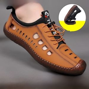 Mens Summer Soft Leather Rope Bottom Sandals Breathable Hollow out Outdoor Clog Shoes Real Leather Casual Slip-On Flats