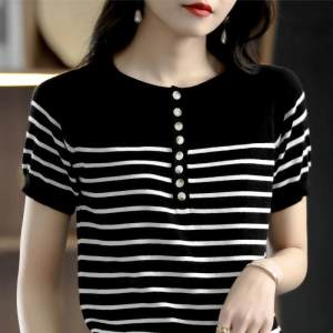 Black and White Striped Summer Round Neck Lightweight Short Sleeve T Shirt