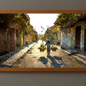 Tranh Nghệ thuật "Cô Gái Gánh Hoa Ở Hội An" VIETSMART ART - Acrylic trên toan vải 45 x 60cm