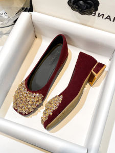 Wine Red Single Shoes Womens Comfortable Chunky Heel Middle Heel Slip-On Shoes for Wedding And Daily Use Fashionable Diamond Decorated