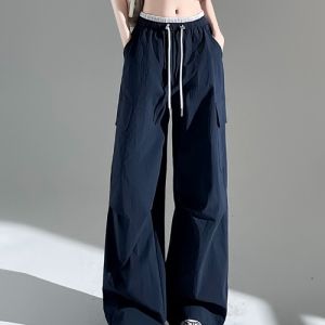 Ice Silk American Style Nine Parts Work Pants Women Summer 150 Parachute Loose Outdoor Wide Leg Pants Casual Street Style