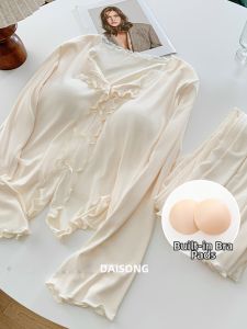 DAISONG | Summer Suitable Modal Long Sleeve Sleepwear Set with Padded Bra