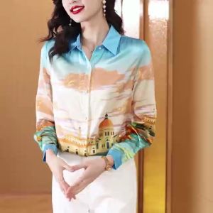 Tianshun Fashion Silk Satin Shirt Style Town Printed Korean Version Womens OL Office Leisure Vacation Long Sleeve Top