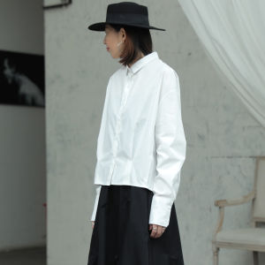 Loose Womens Shirt Black White Design Dark Style Gathered Waist Cotton Long Sleeve Polo Collar Button up Autumn Winter New Style