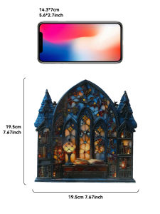 Halloween Gothic House Hanging Decor Acrylic Building Shape with Book & Lantern Design Window Pendant Art Wall Ornament for Home