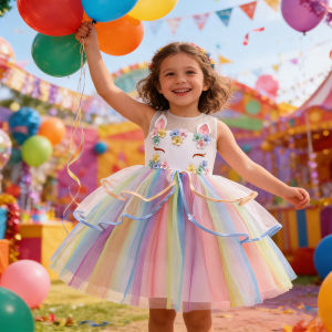 LZH | Kids Girl Rainbow Princess Dress For Carnival Birthday Dress Girls Unicorn Tutu Dress Colorful Mesh Flower Evening Wedding Dress