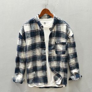 Classic American Plaid Casual Long Sleeve Work Shirt Mens Commute Office Outerwear Breathable Polyester Youth Trendy Button-Up
