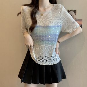 Creative Striped Rainbow Short Sleeve Ice Silk T-Shirt for Women Large Size Beautiful Design Void Sequin Top Summer Work Clothing