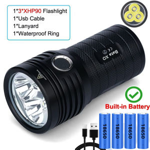 Powerful 3*XHP90 LED Flashlight High Lumen USB Rechargeable Tactical Torch Safety Lock Hand Lantern For Camping Hiking Fishing