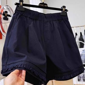 Quần Short Thường Ngày Cỡ Lớn Màu Xanh Lam Mùa Hè Mới Cạp Chun Rộng Rãi Thon Gọn Viền Gỗ Quần Dài Thẳng