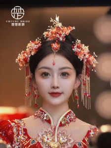 เครื่องประดับผมเจ้าสาวสีแดงหรูหรา คริสตัลเซรามิกโบราณ เครื่องประดับผมสำหรับงานแต่งงานสไตล์จีนคลาสสิก