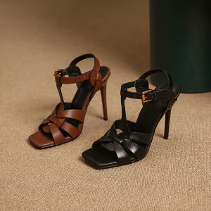 รองเท้าแตะส้นสูงแบบสวมหัวสีน้ำตาลสไตล์โรมัน รองเท้าส้นเดี่ยวแบบสวมหัวสูงสำหรับผู้หญิง รองเท้าแตะหนังแท้สไตล์ย้อนยุคฝรั่งเศส รองเท้าแตะส้นเดี่ยวสีน้ำตาล