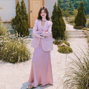 Pink Korean Style Vest Dress Set Womens Fashion Commute Style Two Piece Set High Waist Polyester Fiber Long Sleeve Casual Wear