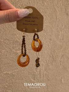 Bohemian Vintage Amber Pendant Asymmetrical Tassel Earrings Women High-End Sensation Luxury Ear Jewelry Dangle Earrings