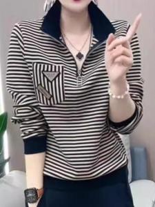 เสื้อยืดคอตั้งปิดกั้นครึ่งตัว เสื้อแจ็คเก็ตพาร์ก้าผู้หญิง ทรงเข้ารูป ลายทาง ฤดูใบไม้ผลิ 2025 แบรนด์ Linyan วัสดุผสมโพลีเอสเตอร์