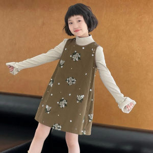 Floral Print Girls Dress Korean Style Spring Autumn Long Skirt Fashionable Child Clothing Soft Fabric round Neckline No Sleeve
