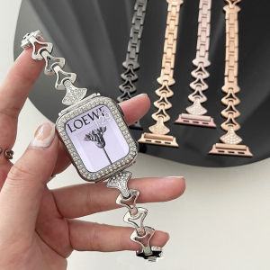 สร้อยข้อมือเพชรรูปพัดสำหรับผู้หญิงสำหรับสายนาฬิกา Apple + เคส40มม. 41มม. 38มม. 45มม. 44มม. 42 49มม. ฝาครอบป้องกันสายรัดเหล็กโลหะแบบคลาสสิกหรูหรา IWatch Ultra 2 9 8 Se 6 5 4 7 3